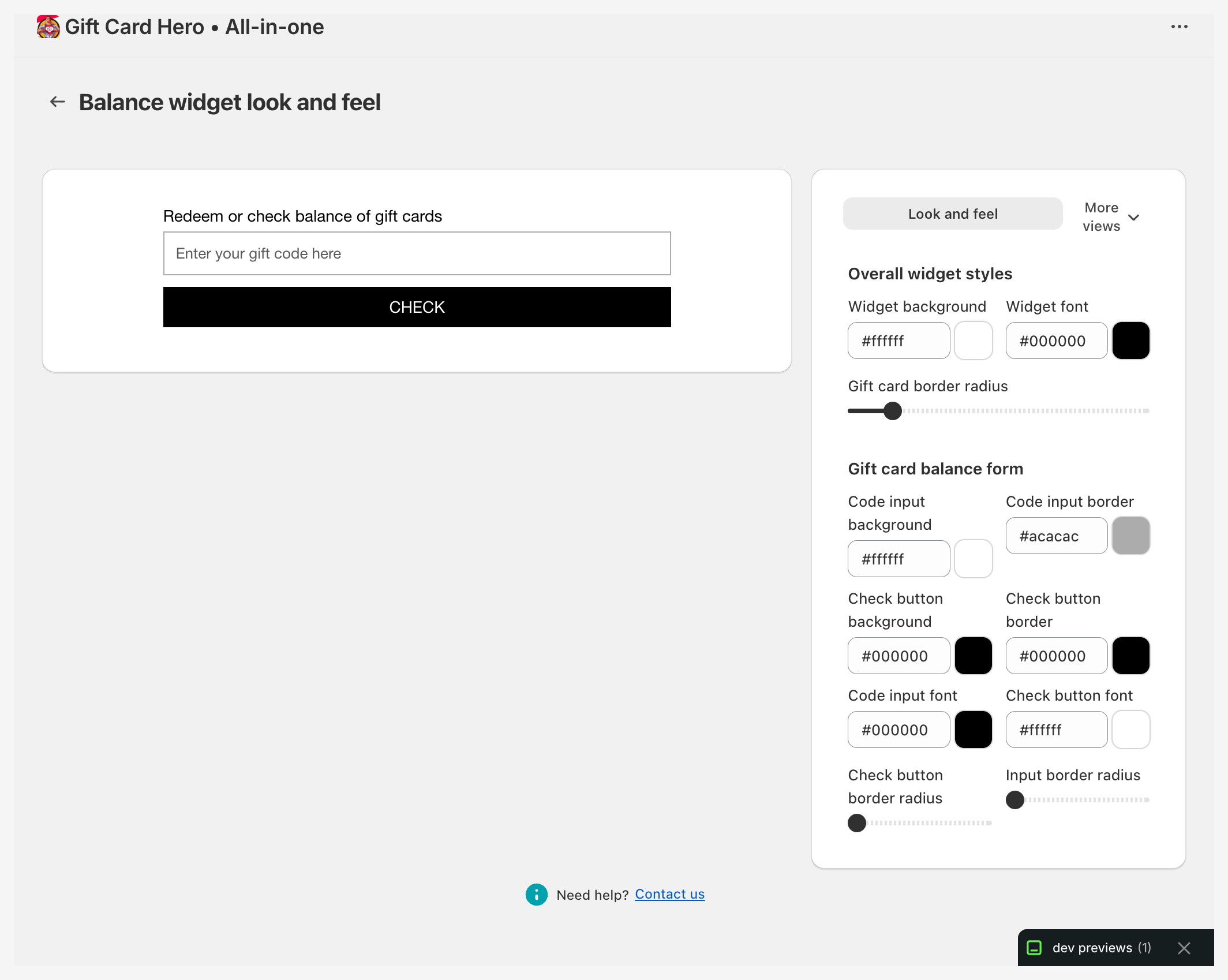 Widget text and design settings