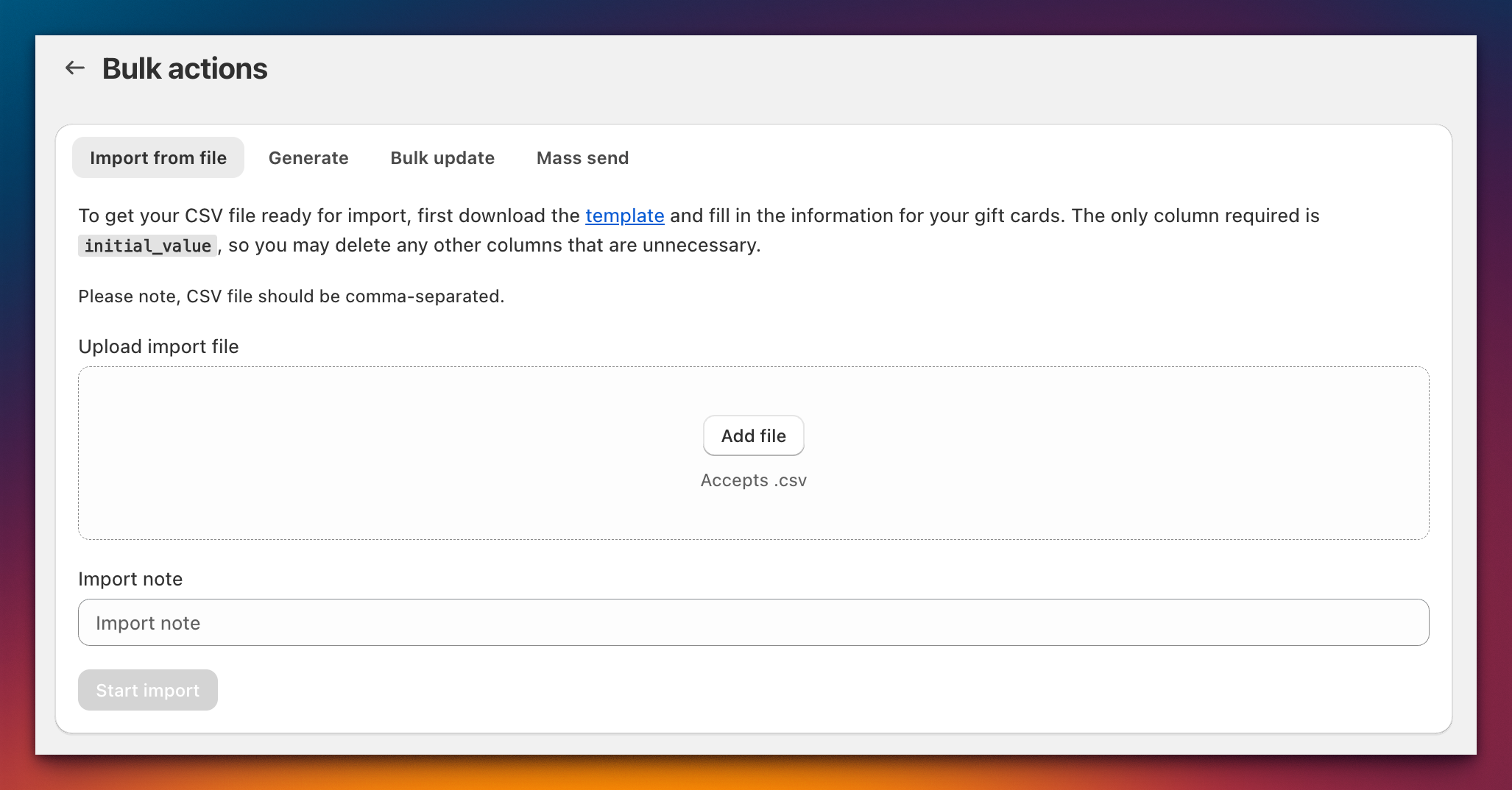 Bulk Actions page with Generate, Send, Update, Import, and Results tabs