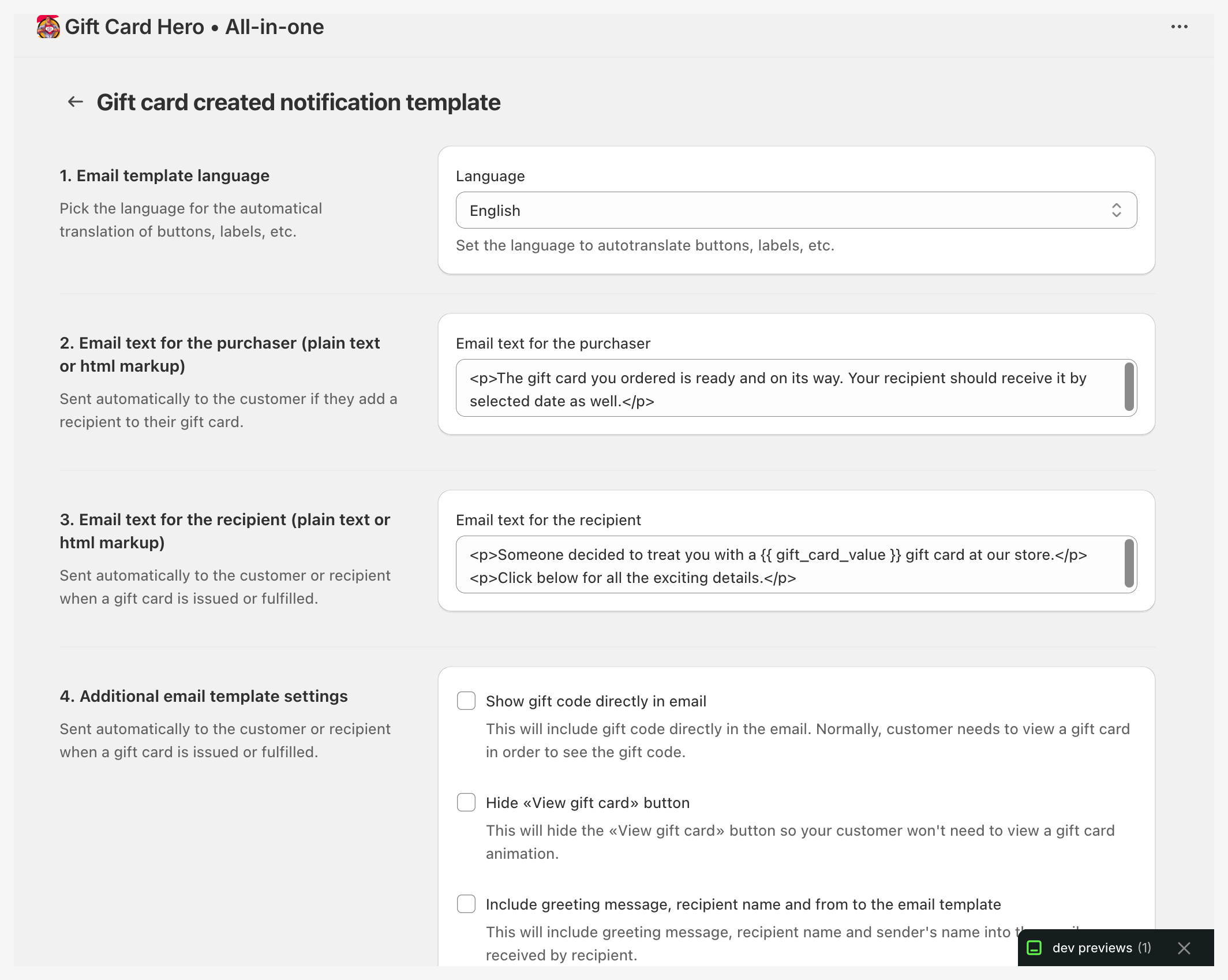 Email template additional settings