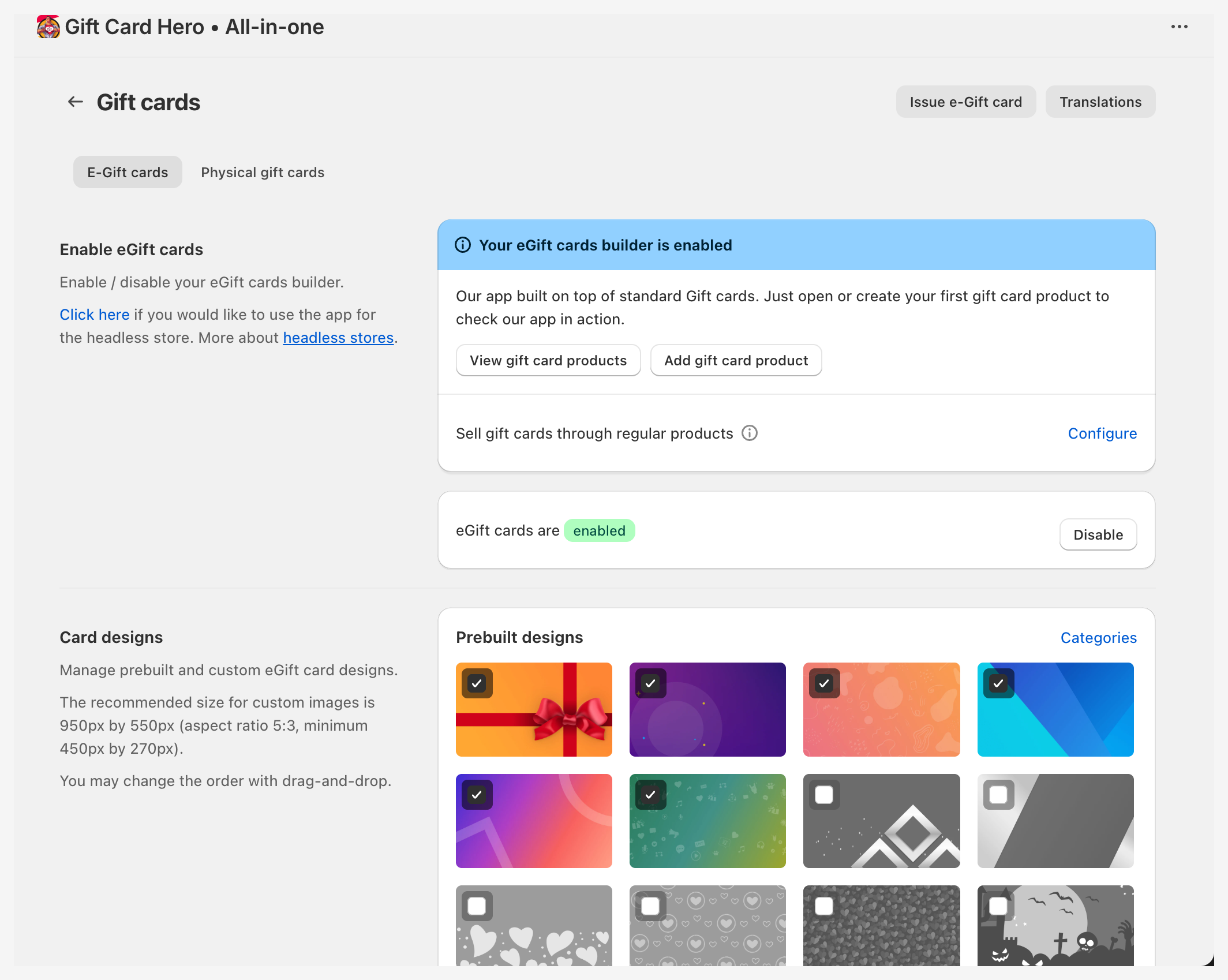 eGift cards settings