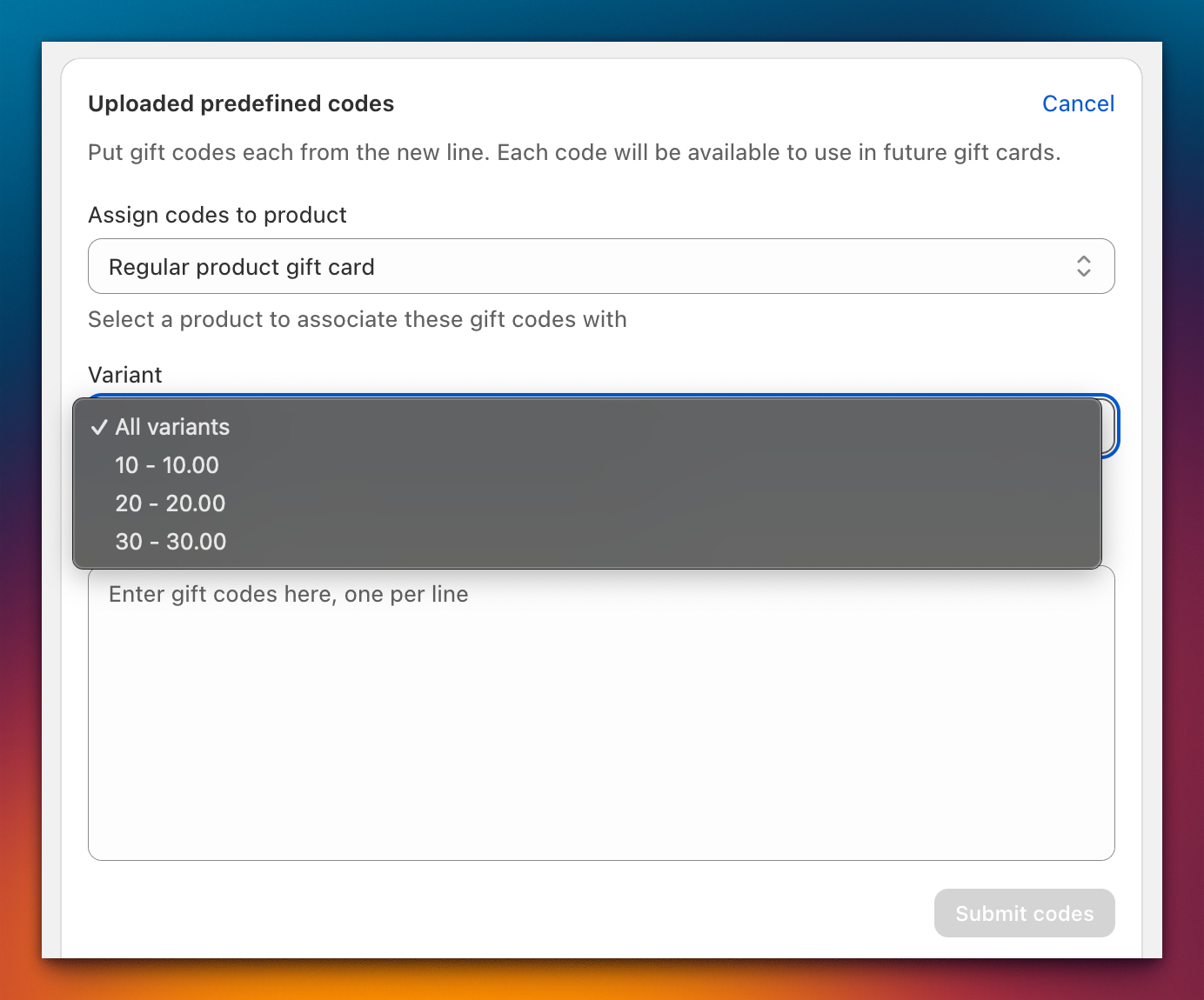 Upload codes