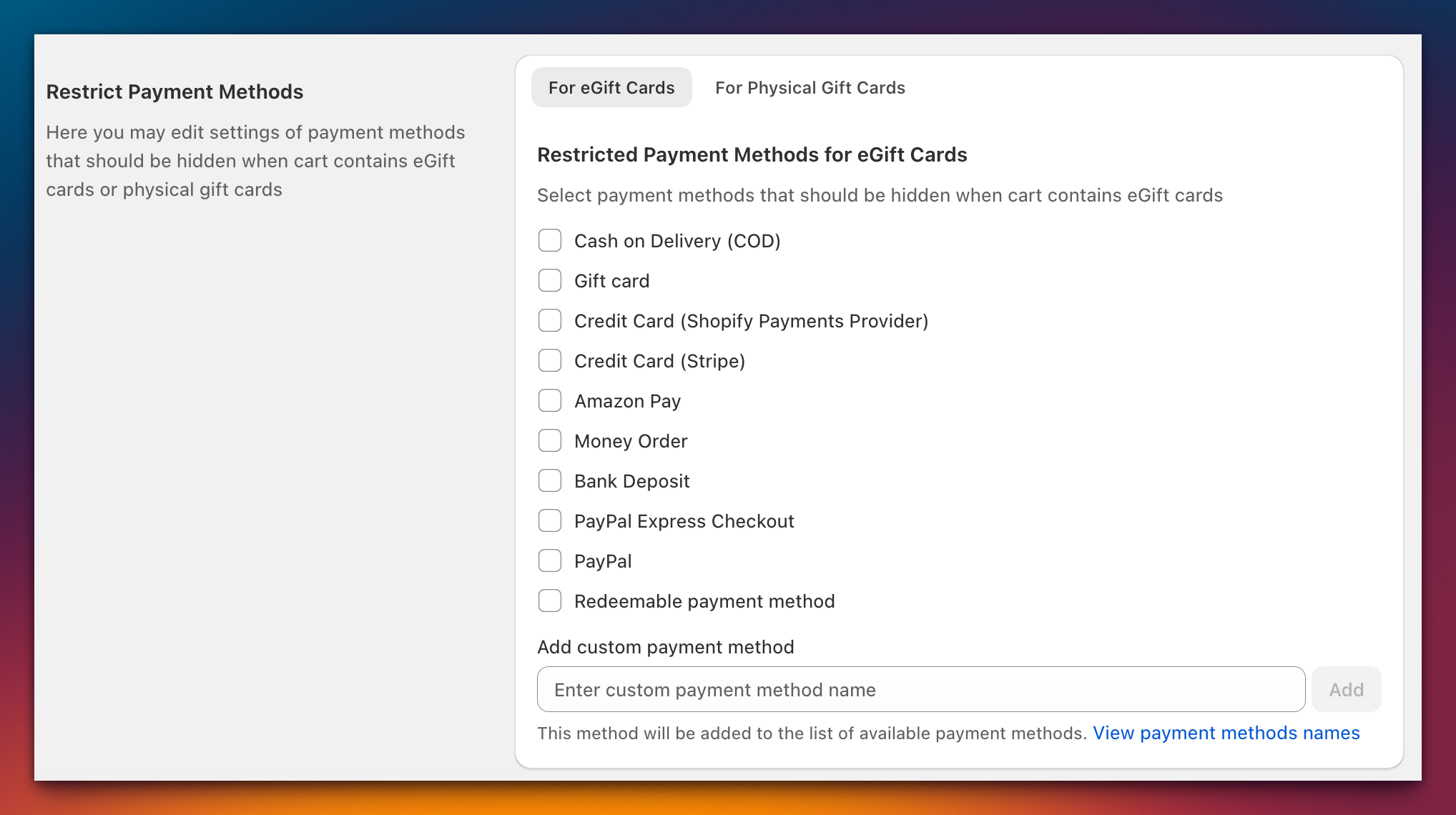 eGift restrictions